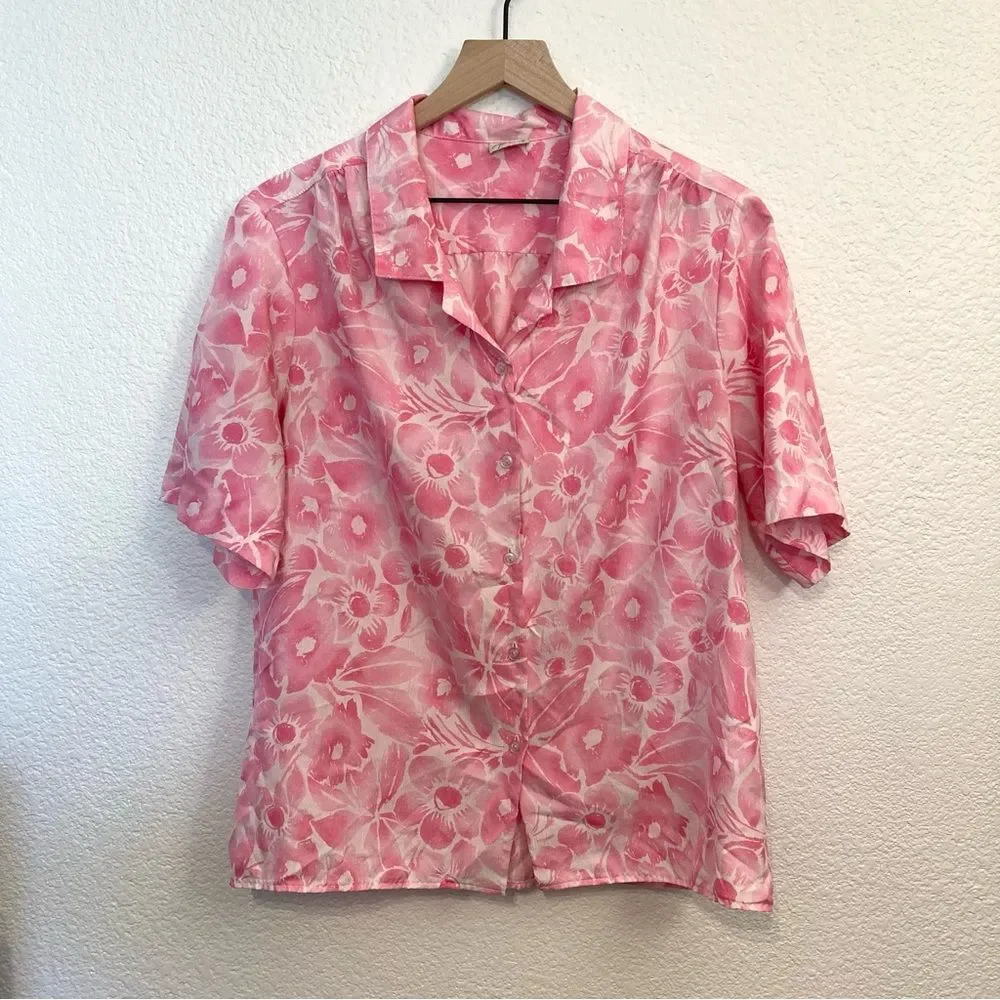 Vintage Pykettes Hawaiian Floral Pink White Button Up Large Tropical
